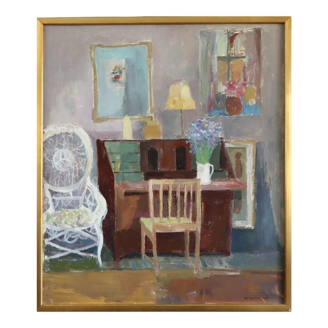 1964 Mid-Century Modern 'Interior With Desk' Original Vintage Swedish Interior Scene Oil Painting, Framed For Sale