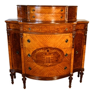 1910 Antique French Louis XVI Walnut & Satinwood High Dresser / Chest of Drawers For Sale