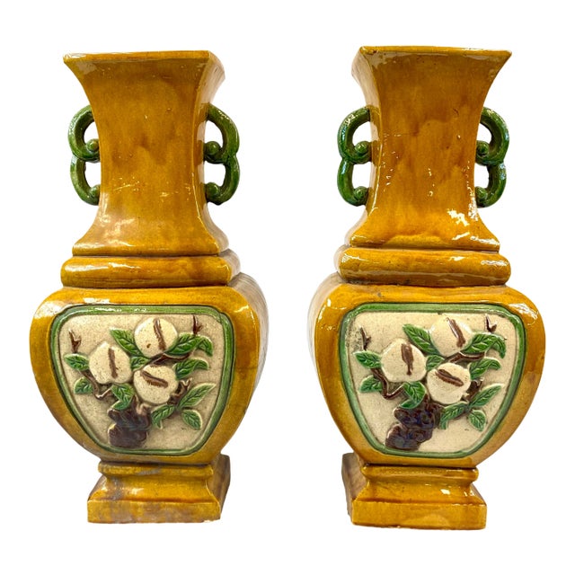 Mid 19th Century Tricolored Glazed Temple Vases - a Pair For Sale