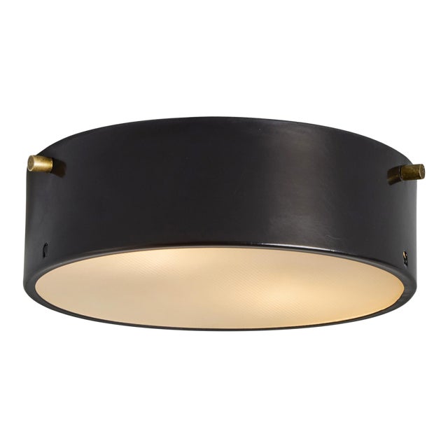 1960s Round Black Metal and Opaline Glass Ceiling Lamp by Bruno Gatta for Stilnovo For Sale