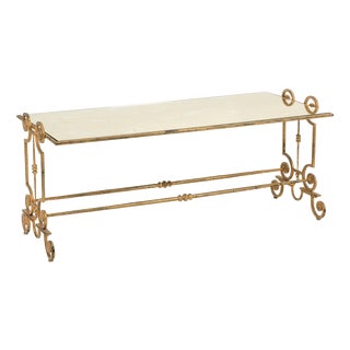 Coffee Table in Gilded Wrought Iron with Eglomized Glass Top. 1970s. For Sale