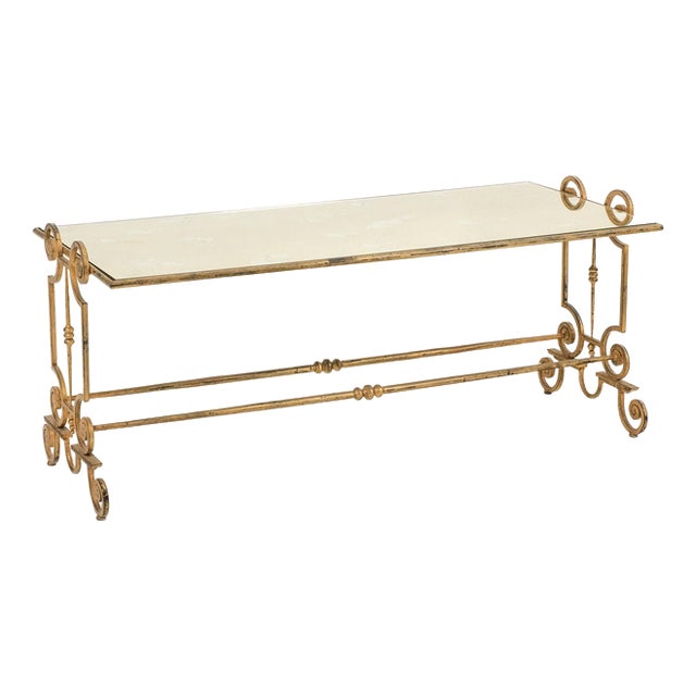 Coffee Table in Gilded Wrought Iron with Eglomized Glass Top. 1970s. For Sale