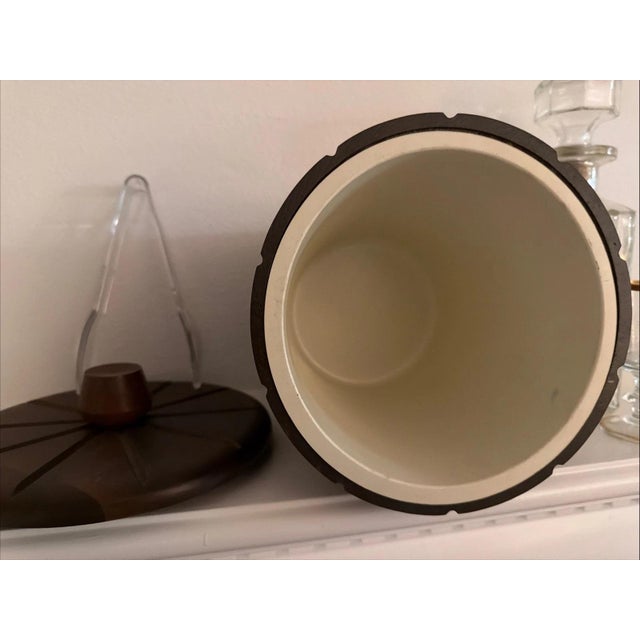 Mid-Century Modern 1960s Mid-Century Modern Bar Set Wooden Ice Bucket & Tongs, Decanter & Glasses - Set of 5 For Sale - Image 3 of 6