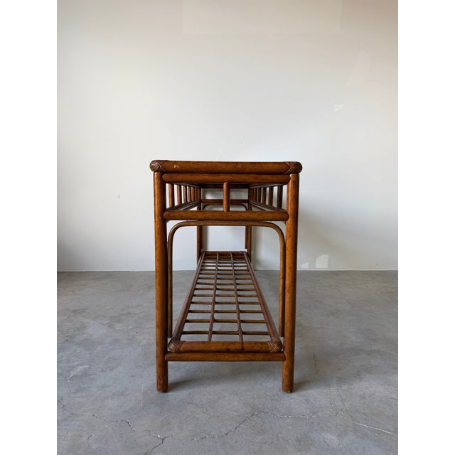 Brown 1970's Vintage Coastal Geometric Rattan & Glass Top Console Table For Sale - Image 8 of 16