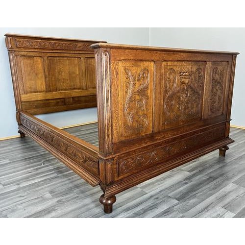 Antique French Style Oak Double Bed Frame with Carved Headboard For Sale - Image 18 of 18
