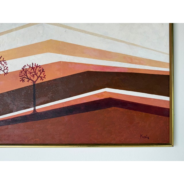 Cream 1980's Vintage Postmodern Geometric Landscape Oil Painting on Canvas, Framed For Sale - Image 8 of 12