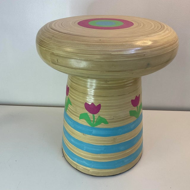 Vintage Bamboo Mushroom Garden Stool-Side Table, Hand Painted Tulips, Signed Jen Lee For Sale - Image 10 of 11