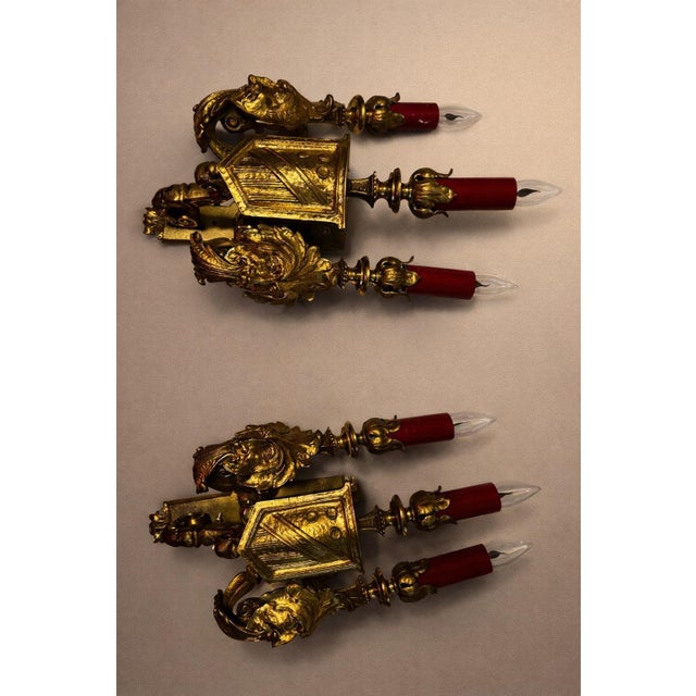 Metal Antique French Baroque Revival Gilt Figural Wall Sconces, Pair, C. 1900 For Sale - Image 7 of 8