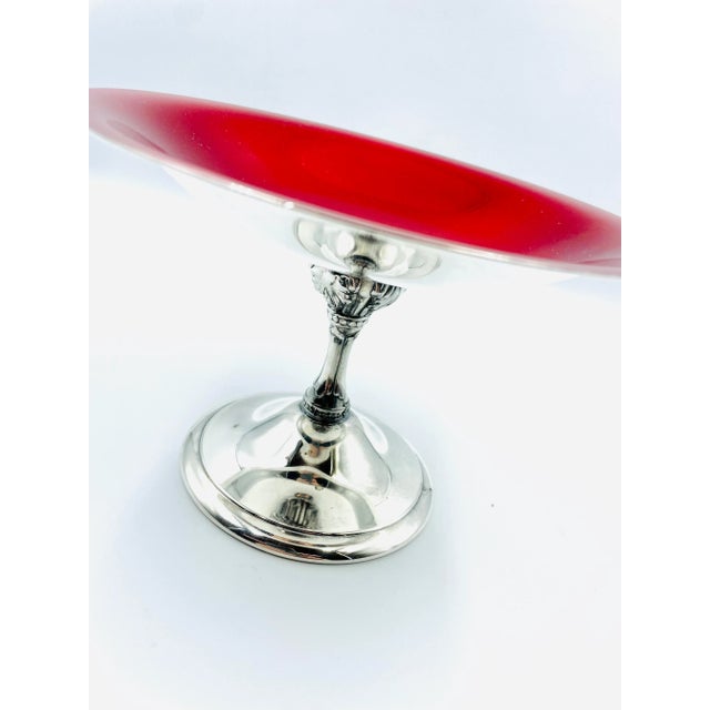Modern Vintage Reed & Barton Silver Plate & Ruby Red Enamel Pedestal Compote For Sale - Image 3 of 12