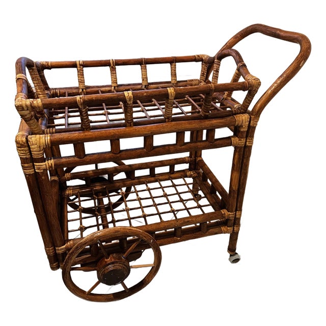 Vintage Rattan and Bamboo Tray Bar Cart For Sale