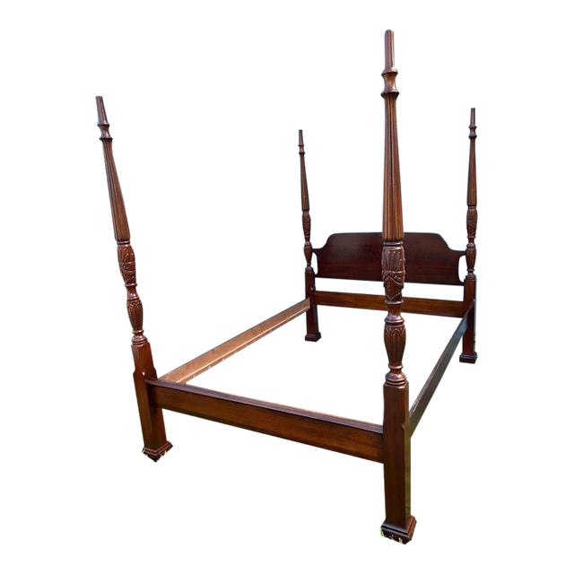 Hickory Chair Co Solid Cherry Rice Carved Four Poster Queen Bed Frame For Sale