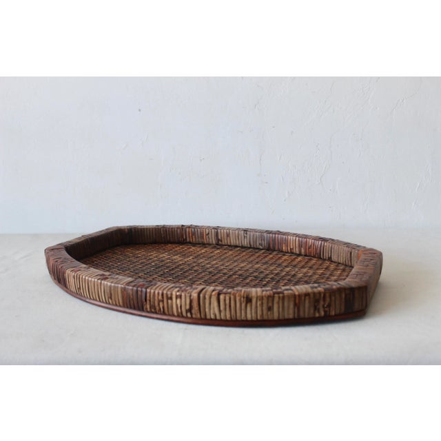 Mid-Century Modern Mid-Century Woven Wicker Rattan Wood Oval Serving Tray Vintage For Sale - Image 3 of 9