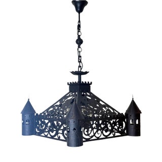 Antique Gothic Revival Wrought Iron Castle Chandelier with Turrets, 1910 For Sale