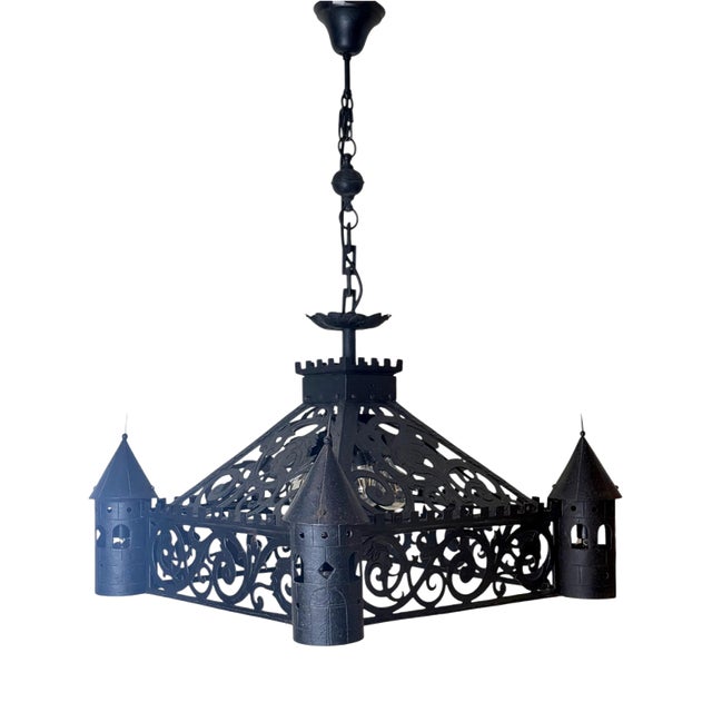Antique Gothic Revival Wrought Iron Castle Chandelier with Turrets, 1910 For Sale