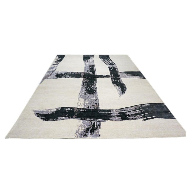 Indo-Napalese Modern Faye Wool & Silk 9x12 Light Grey & Black Handmade Area Rug #1144023