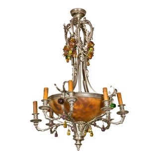 French Art Nouveau Style Eight-Light Chandelier Silver Argente Over Bronze For Sale