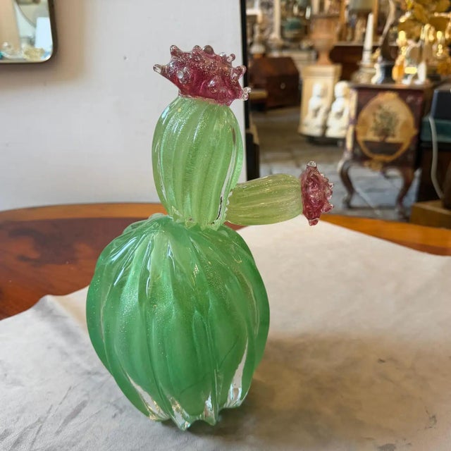 Glass 1990s Green Emerald and Amethyst Purple Murano Glass Flowering Cactus For Sale - Image 7 of 13