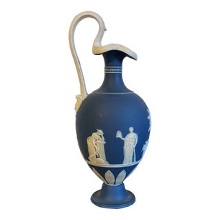 Antique 19th Century Wedgwood Dark Blue Jasperware Oinoche Vase, Urn or Ewer Decorated With Apollo and the Muses Circa 1850 For Sale