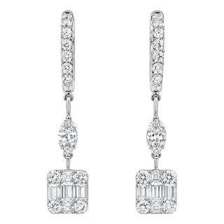 18K White Gold Diamond Hanging Earrings Estate For Sale
