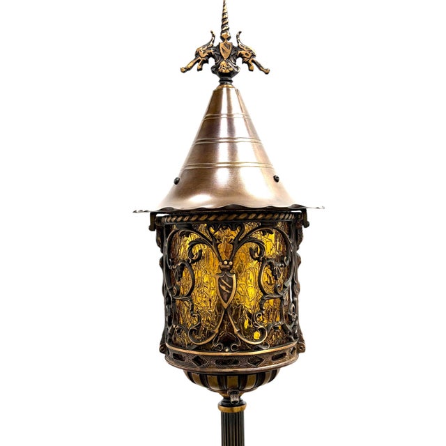 1920s Cast Bronze Spanish Revival Floor Lamp With Original Crackle Glass #2613 For Sale - Image 4 of 8