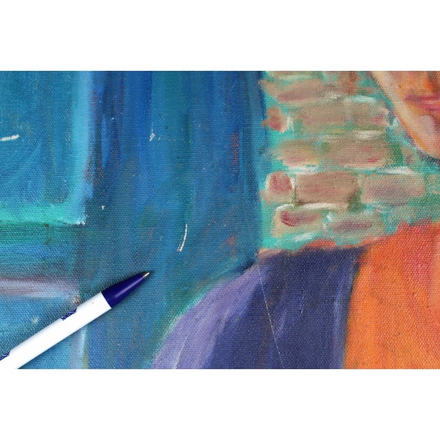 Orange Vintage Oil Painting Portrait of Tall Fashionable Woman - Unsigned For Sale - Image 8 of 10