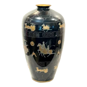 Vintage 1970s Large Chinese Import Black Glaze Neoclassical Vase, Gold Greek Key Detail