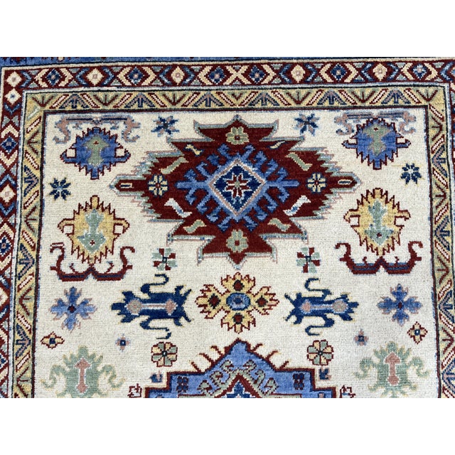 Ivory Ivory and Blue Kazak Wool Area Rug With Tribal Medallions, 4'10" X 6'7" For Sale - Image 8 of 15