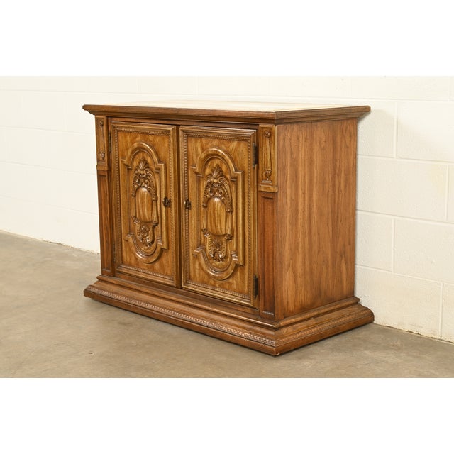 French French Regency Louis XVI Carved Pecan Wood Marble Top Sideboard Buffet or Bar Cabinet by Stanley, Circa 1960s For Sale - Image 3 of 13