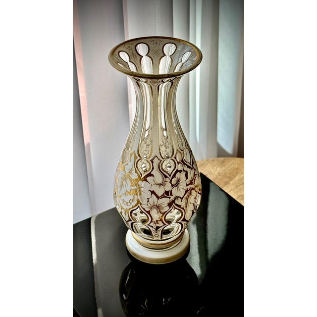 Glass Antique Bohemian White Overlay Gilded Glass Vase, 1800s For Sale - Image 7 of 18
