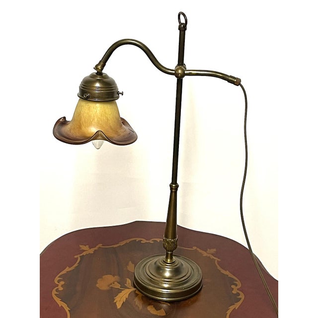 Brown Antique Brass Table Lamp with Pate De Verre Glass Shade from Unbekannt, 1920s For Sale - Image 8 of 8