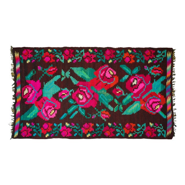 Vintage Romanian Bessarabian-Style Handwoven Wool Rose Kilim Runner Rug, 1960s For Sale