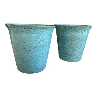 Vintage Turquoise Peacock Glazed Pots - a Pair For Sale