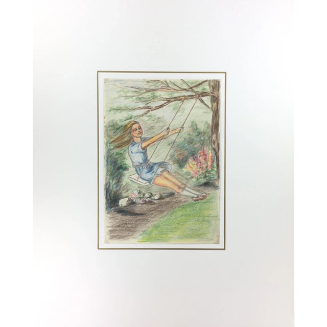 Colorful pencil drawing of a young girl on a swing. 1960s. Original artwork on paper displayed on a white mat with a gold...