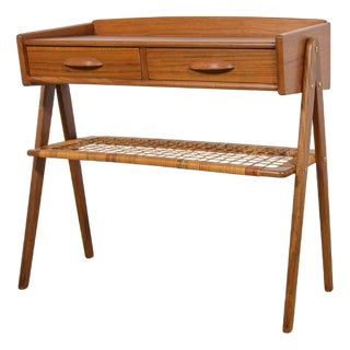 Mid-Century Teak and Rattan Console Table from Søren Rasmussen, Denmark, 1960s For Sale