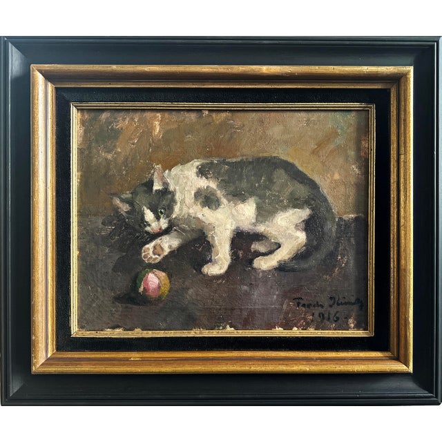 Frode Kierulf, Danish Impressionist Painting, Playing Cat, 1916, Oil on Canvas, Framed For Sale - Image 6 of 6