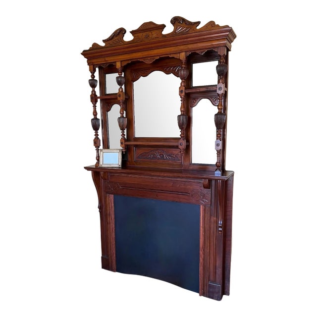 Carved Wood Victorian Fireplace Mantel & Surround Beveled Mirrors 1880's For Sale