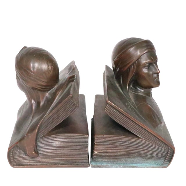 Bronze Pr. Bronze Finish Clad Dante and Beatrice Bookends by Jennings Brothers C. 1930's For Sale - Image 8 of 12