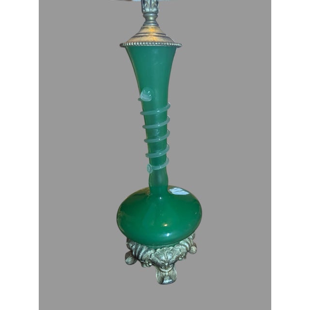 Vintage Jade Green Steuben Art Glass Table Lamp with Applied Decoration In very good condition showing some typical age-...