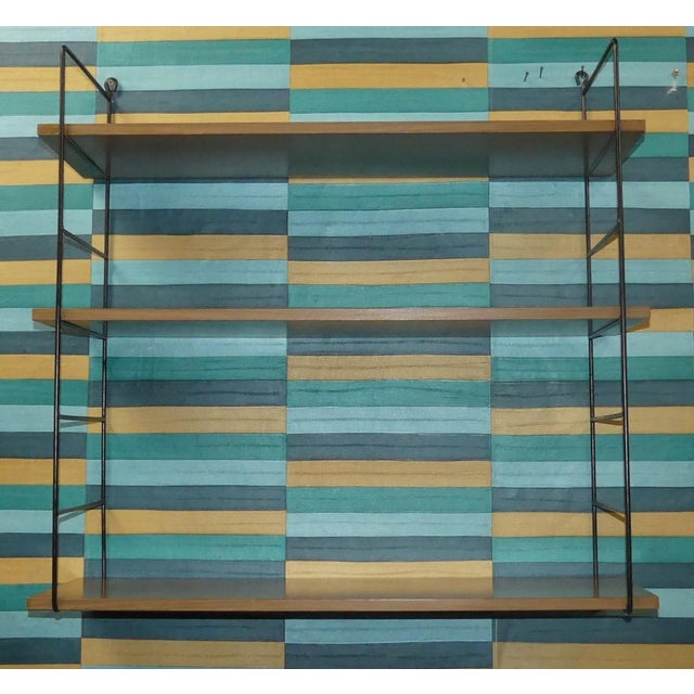 Mid-Century Modern String Shelves in Medium Brown Wood, 2 Black Ladders, 1960s For Sale - Image 6 of 13
