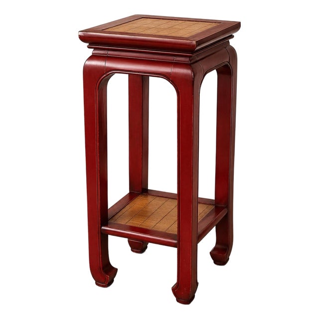 Vintage Chinoiserie Crimson Lacquer Pedestal Table With Woven Bamboo Insets For Sale