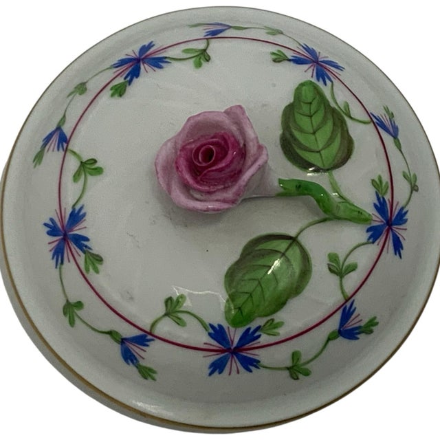 Vintage Herend Blue Garland PBG Covered Sugar Bowl Bonbonniere Rose Finial Model 1162 Made in Hungary c. 1980s....