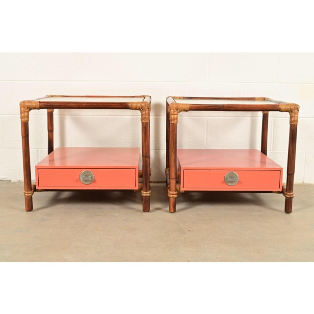 Mid-Century Modern John Wisner for Ficks Reed Mid-Century Hollywood Regency Bamboo Rattan Glass Top Side Tables, Pair For Sale - Image 3 of 11