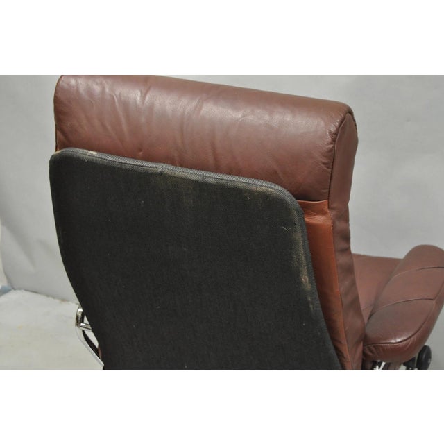 Vintage Ekornes Stressless Brown Leather Reclining Swivel Lounge Chair & Ottoman For Sale - Image 18 of 18