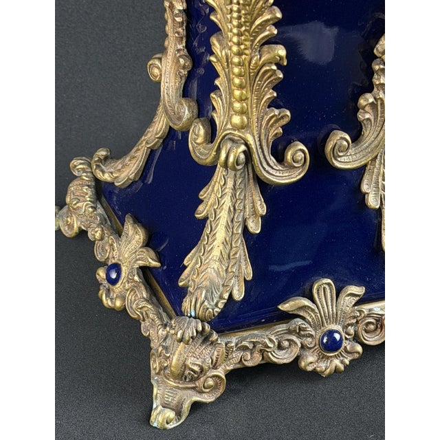 French Cobalt Glass and Ormolu Table Lamp with Ram Heads in the style of Sèvres, 1920s For Sale - Image 12 of 14