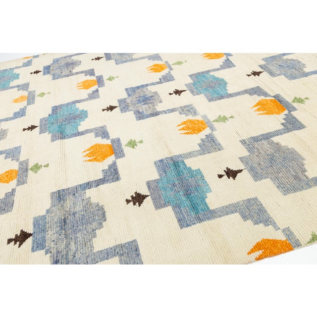Sky Blue Abstract Geometric Hand-Knotted Modern Moroccan Style Wool Rug 10x15 For Sale - Image 8 of 12