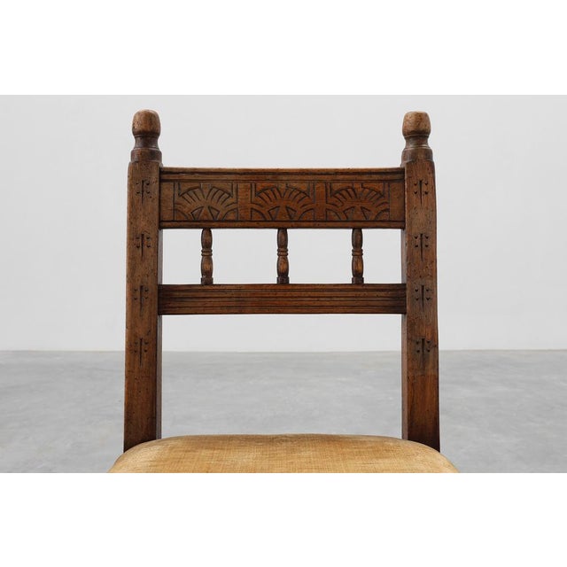 Rustic Spanish Hand-Carved Oak Side Chair with Velour Seat, 19th Century For Sale - Image 3 of 14