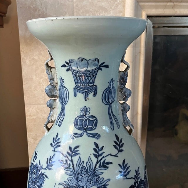 Chinese Antique Chinese Blue & White Baluster Vase, Chilong Handles, 19th Century For Sale - Image 3 of 11