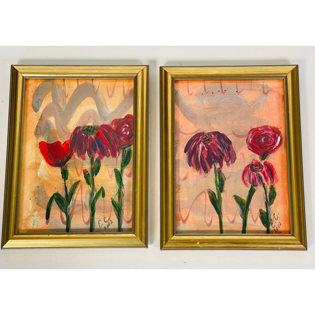 1970s Pair Abstract Floral Original Small Paintings in Gold Frames For Sale - Image 4 of 6