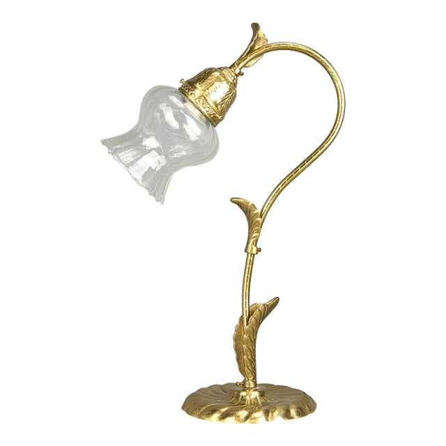 Vintage Flower Shaped Gooseneck Brass and Glass Shade Table Lamp For Sale