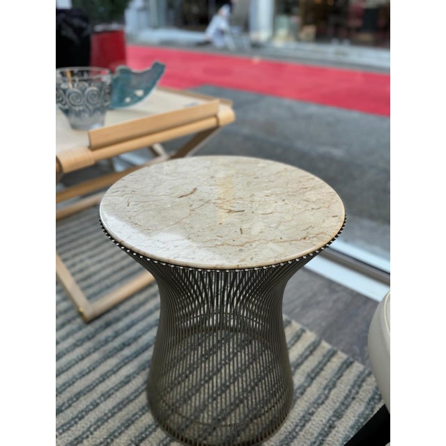Metal Steel Side Tables with Beige Veined White Marble Top, 1990s For Sale - Image 7 of 8